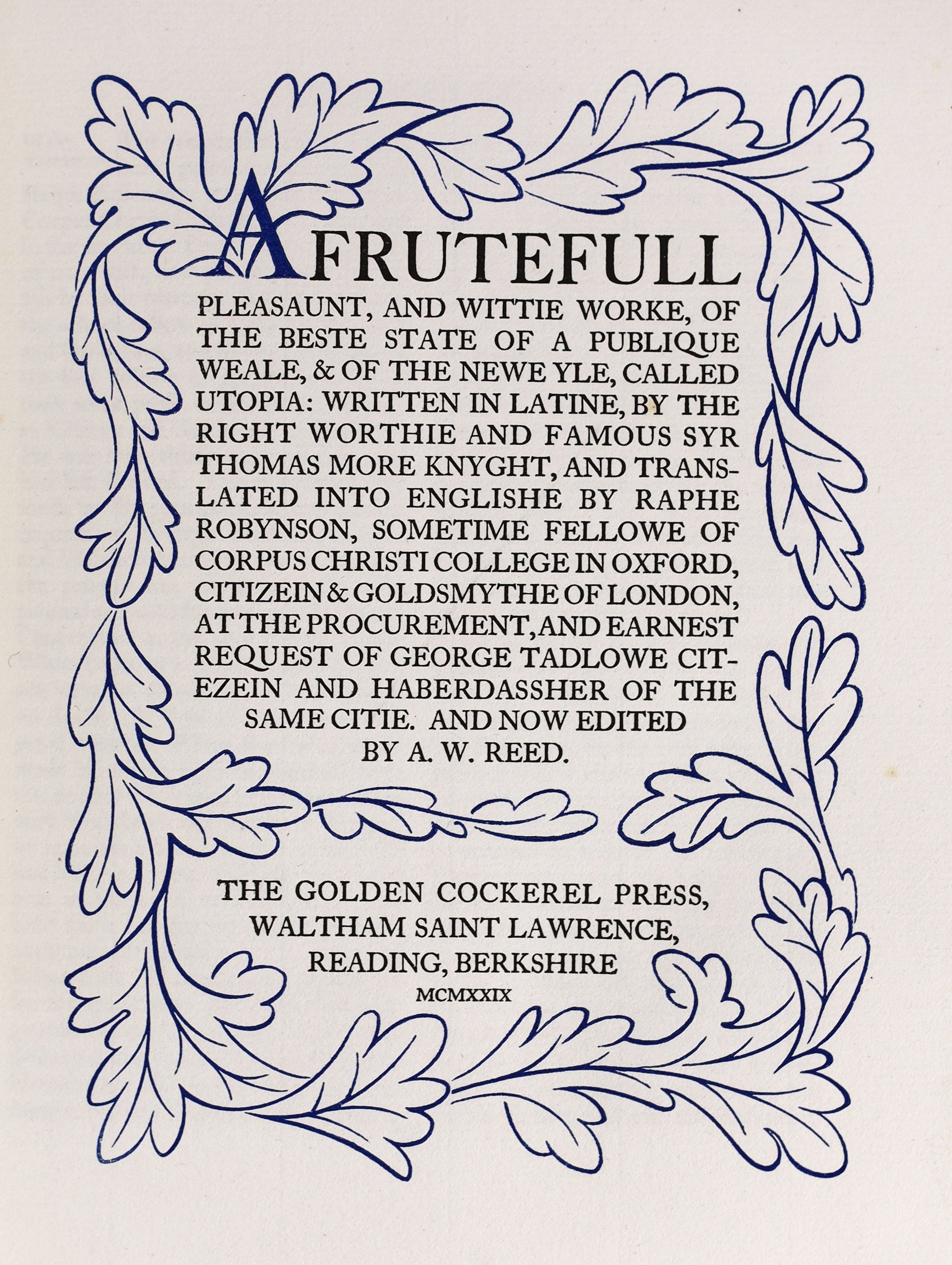 Golden Cockerel Press - Moore, Thomas - Utopia, one of 500, wood-engravings by Eric Gill, 4to, blue buckram gilt, Waltham Saint Lawrence, 1929